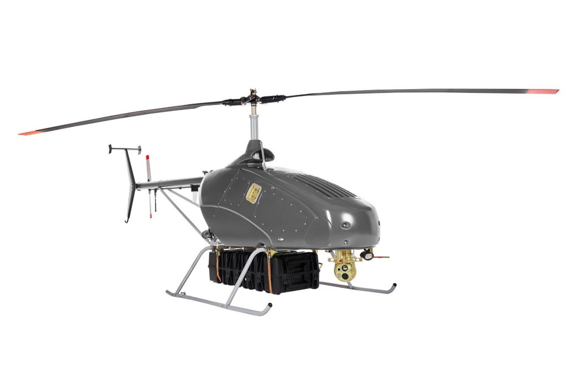 The UVH-500 unmanned helicopter with an underslung cargo pod and a sensor gimbal